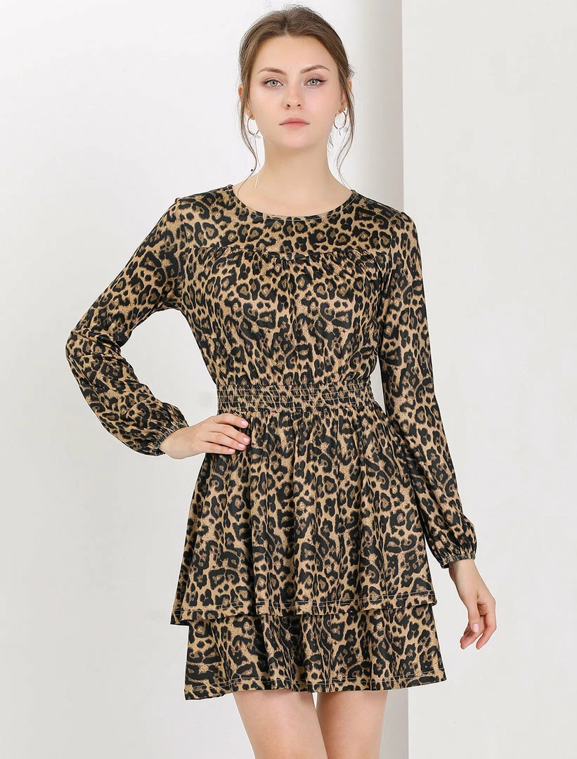 Allegra K Women's Leopard Print Long Sleeve Layered Ruffle Hem Dress 7 Allegra K Women's Leopard Print Long Sleeve Layered Ruffle Hem Dress