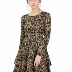 Allegra K Women's Leopard Print Long Sleeve Layered Ruffle Hem Dress