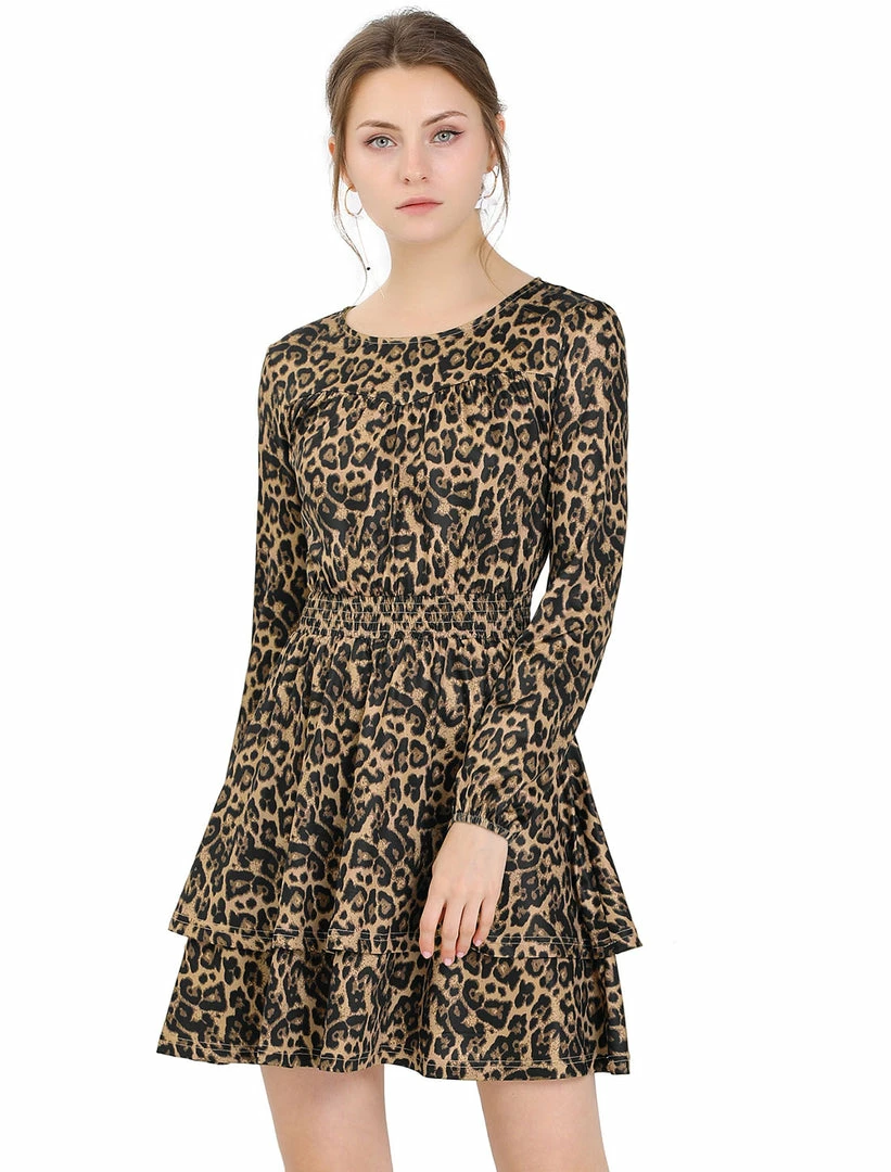 Allegra K Women's Leopard Print Long Sleeve Layered Ruffle Hem Dress 4 Allegra K Women's Leopard Print Long Sleeve Layered Ruffle Hem Dress