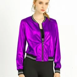 Allegra K Holographic Lightweight Bomber Jacket