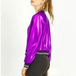 Allegra K Holographic Lightweight Bomber Jacket