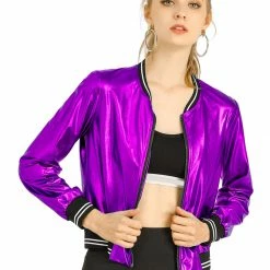 Allegra K Holographic Lightweight Bomber Jacket