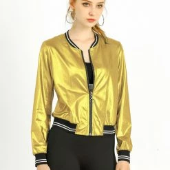 Allegra K Holographic Lightweight Bomber Jacket