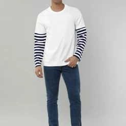 Allegra K Men's Tshirt Stripes Panel Sleeve Crewneck Striped T-Shirts Pullover