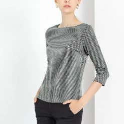 Allegra K Women's Work Office 3/4 Sleeve Boat Neck Houndstooth Top Blouse