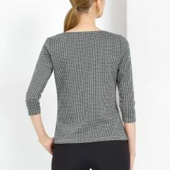 Allegra K Women's Work Office 3/4 Sleeve Boat Neck Houndstooth Top Blouse