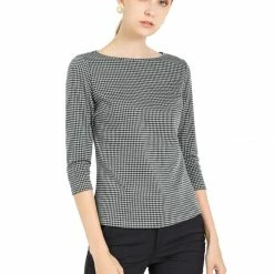 Allegra K Women's Work Office 3/4 Sleeve Boat Neck Houndstooth Top Blouse