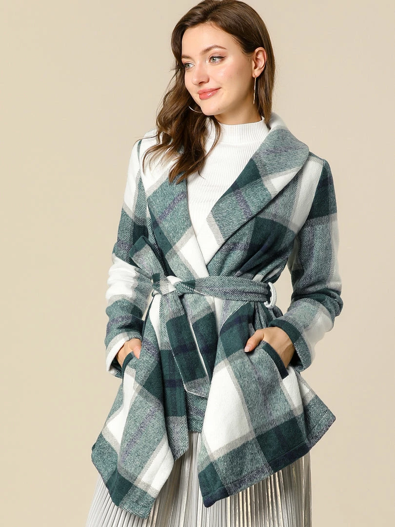 Allegra K Wide Lapel Plaid Fall Wrap Coat Women 10 Allegra K Wide Lapel Plaid Fall Wrap Coat Women