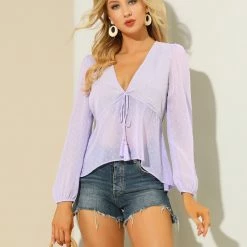 Allegra K Deep V Neck Drawstring Ruffled Swiss Dots Long Sleeves Sheer Chiffon Blouse