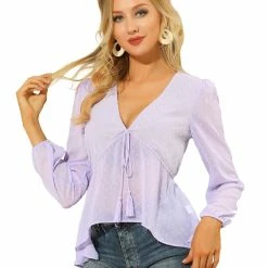 Allegra K Deep V Neck Drawstring Ruffled Swiss Dots Long Sleeves Sheer Chiffon Blouse