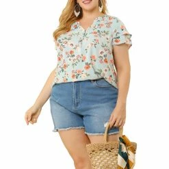 Allegra K Women's Plus Size Tops Floral Printed Ruffle Trim V Neck Layered Sleeve Blouse