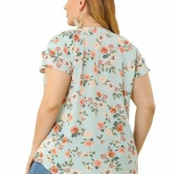 Allegra K Women's Plus Size Tops Floral Printed Ruffle Trim V Neck Layered Sleeve Blouse