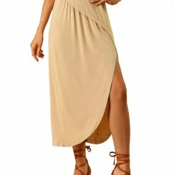 Allegra K Women's Maxi Long Casual Elastic Waist Side Split Slit Asymmetrical Skirt