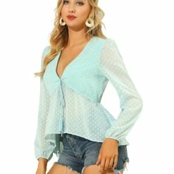 Allegra K Deep V Neck Drawstring Ruffled Swiss Dots Long Sleeves Sheer Chiffon Blouse