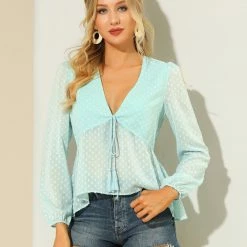 Allegra K Deep V Neck Drawstring Ruffled Swiss Dots Long Sleeves Sheer Chiffon Blouse