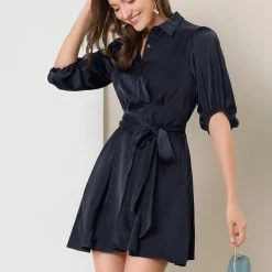 Allegra K Women's Elegant Satin Dresses A-Line Pleated Waist Puff Sleeve Belted Shirt Dress