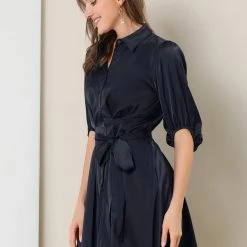 Allegra K Women's Elegant Satin Dresses A-Line Pleated Waist Puff Sleeve Belted Shirt Dress