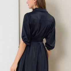 Allegra K Women's Elegant Satin Dresses A-Line Pleated Waist Puff Sleeve Belted Shirt Dress