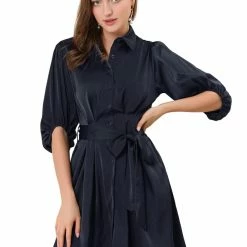Allegra K Women's Elegant Satin Dresses A-Line Pleated Waist Puff Sleeve Belted Shirt Dress