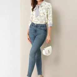 Allegra K Women's Bow Tie Neck Contrast Trim 3/4 Sleeve Floral Blouse Tops