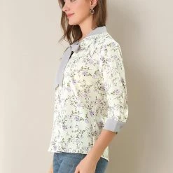 Allegra K Women's Bow Tie Neck Contrast Trim 3/4 Sleeve Floral Blouse Tops