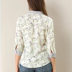 Allegra K Women's Bow Tie Neck Contrast Trim 3/4 Sleeve Floral Blouse Tops