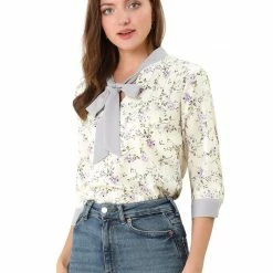 Allegra K Women's Bow Tie Neck Contrast Trim 3/4 Sleeve Floral Blouse Tops