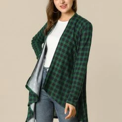 Allegra K Women Handkerchief Hem Open Front Plaids Cardigan
