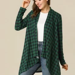 Allegra K Women Handkerchief Hem Open Front Plaids Cardigan