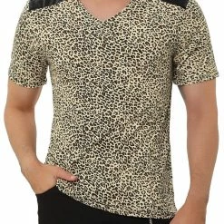 Allegra K Men's Leopard Printed T-Shirt Short Sleeves Slim Fit V Neck Cheetah Printed Tee Tops