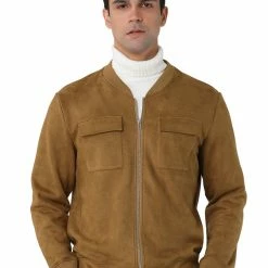 Allegra K Men's Suede Jacket Zip Up Flap Pockets Faux Baseball Bomber Jackets Outerwear