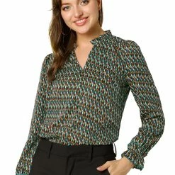 Allegra K Women's Ruffle V Neck Geometric Print Puff Sleeve Top