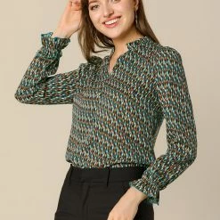 Allegra K Women's Ruffle V Neck Geometric Print Puff Sleeve Top