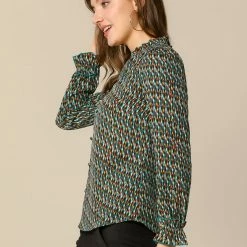 Allegra K Women's Ruffle V Neck Geometric Print Puff Sleeve Top