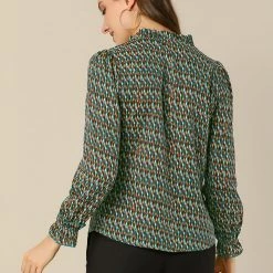 Allegra K Women's Ruffle V Neck Geometric Print Puff Sleeve Top