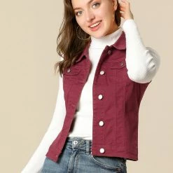 Allegra K Women's Washed Denim Buttoned Vest W Flap Pockets