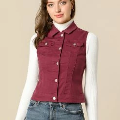 Allegra K Women's Washed Denim Buttoned Vest W Flap Pockets