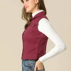 Allegra K Women's Washed Denim Buttoned Vest W Flap Pockets