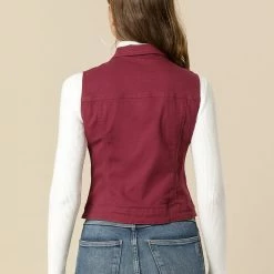 Allegra K Women's Washed Denim Buttoned Vest W Flap Pockets