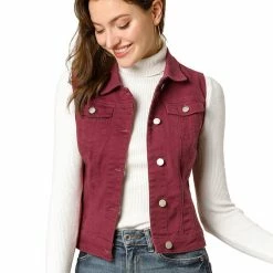 Allegra K Women's Washed Denim Buttoned Vest W Flap Pockets