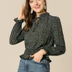 Allegra K Women's Smocked Puff Sleeve Ruffle Peplum Ditsy Floral Top Blouse