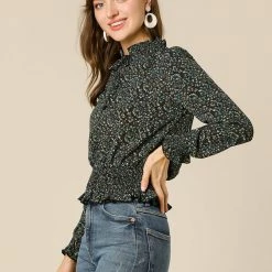 Allegra K Women's Smocked Puff Sleeve Ruffle Peplum Ditsy Floral Top Blouse