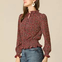 Allegra K Women's Smocked Puff Sleeve Ruffle Peplum Ditsy Floral Top Blouse
