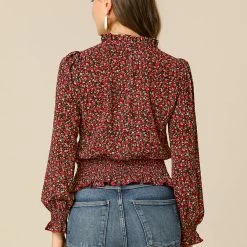 Allegra K Women's Smocked Puff Sleeve Ruffle Peplum Ditsy Floral Top Blouse