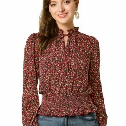 Allegra K Women's Smocked Puff Sleeve Ruffle Peplum Ditsy Floral Top Blouse