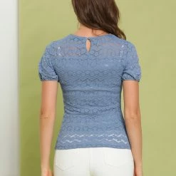 Allegra K Women's Elegant Semi Sheer Short Sleeve Embroidery Blouse Lace Top