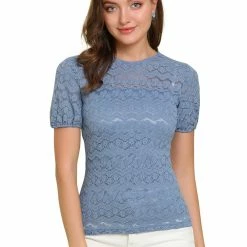 Allegra K Women's Elegant Semi Sheer Short Sleeve Embroidery Blouse Lace Top