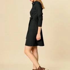Women Allegra K Half Placket Long Sleeve Short Shirt Dress With Belt