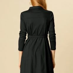 Women Allegra K Half Placket Long Sleeve Short Shirt Dress With Belt