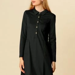 Women Allegra K Half Placket Long Sleeve Short Shirt Dress With Belt